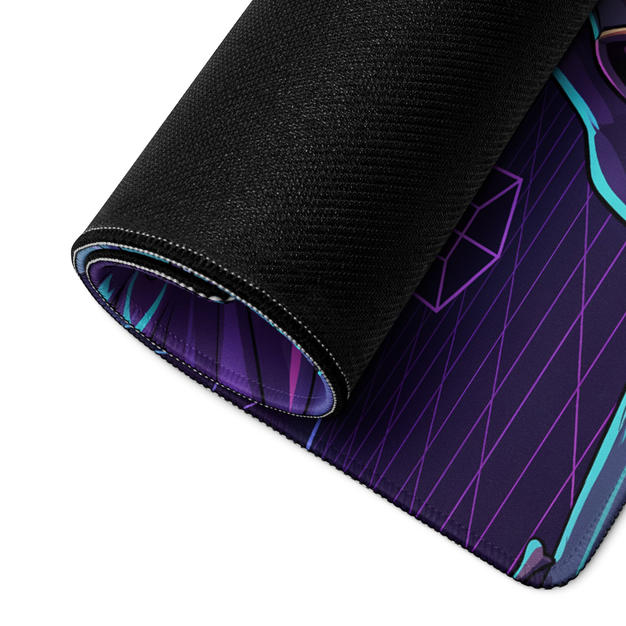 A rolled-up winged neon warrior purple cyan gaming desk mouse pad with black textured outer layer and vibrant geometric design