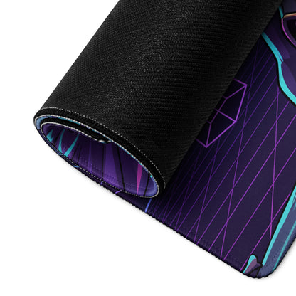 A rolled-up winged neon warrior purple cyan gaming desk mouse pad with black textured outer layer and vibrant geometric design