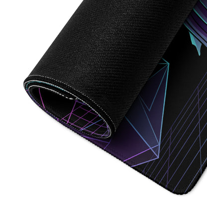 Black gaming mousepad with sleek textured surface and vibrant purple and blue geometric neon vaporwave edge patterns