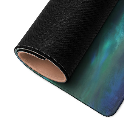 Rolled-up aston martin valkyrie inspired aero edition desk mat gaming mousepad with teal blue aurora borealis design and black edge