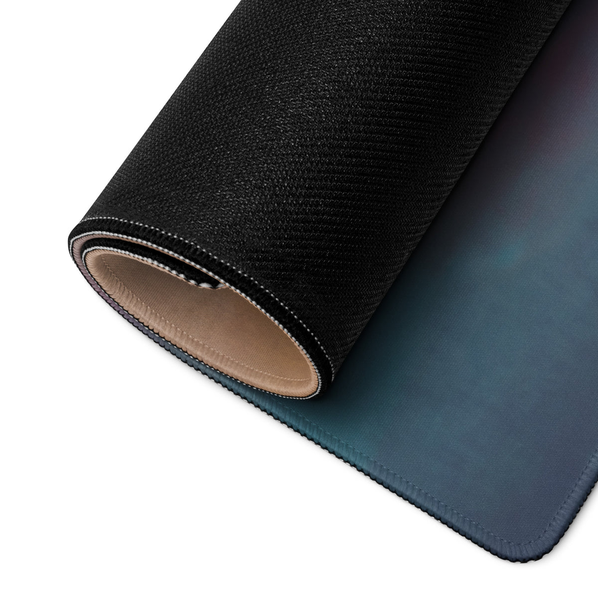 Koenigsegg jesko inspired cherry red desk pad with black textured mousepad surface and gradient blue stitched underside