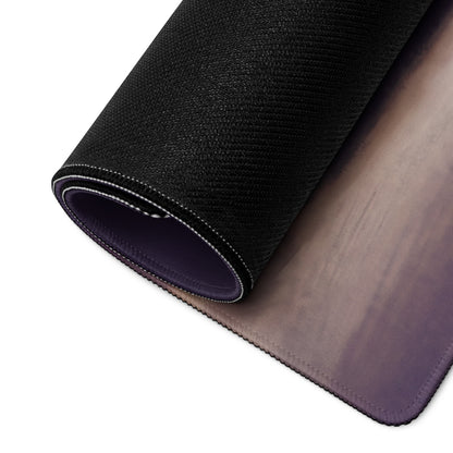 Black textured mousepad with stitched edges and gradient purple underside featuring non-slip rubber base for racing use