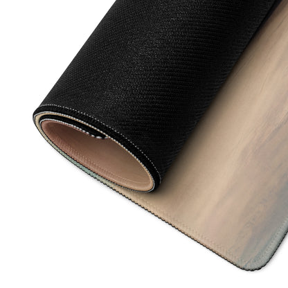 Black textured carpet roll with beige underside and stitched edges for Lamborghini Huracán inspired matte graphite desk mat