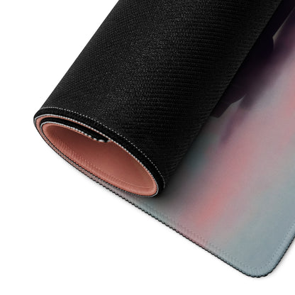 Black textured Porsche Carrera GT inspired sunset orange desk mat with gradient iridescent surface and pink lining