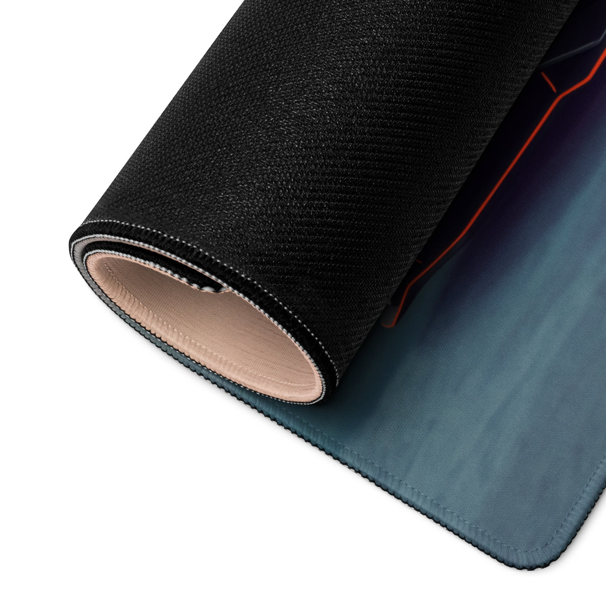 Lamborghini Aventador inspired stealth orange desk mat with black textured surface blue gradient and red accent stitching
