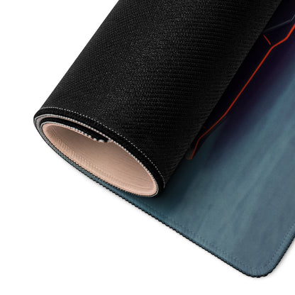 Lamborghini Aventador inspired stealth orange desk mat with black textured surface blue gradient and red accent stitching