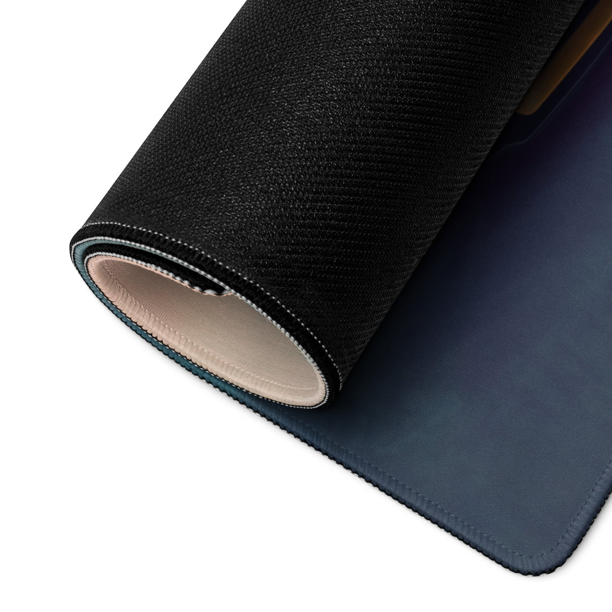 Black textured mousepad with navy blue underside and beige lining non slip rubber base lamborghini countach inspired desk mat