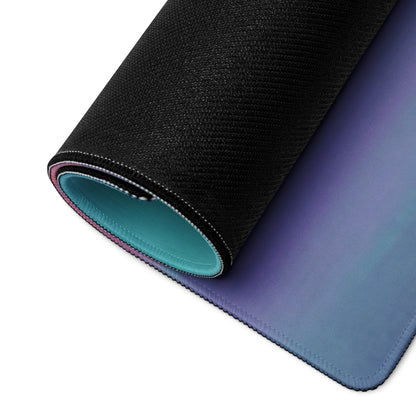 Rolled-up porsche 911 gt3 rs inspired crimson drift desk pad with gradient purple blue surface and teal lining