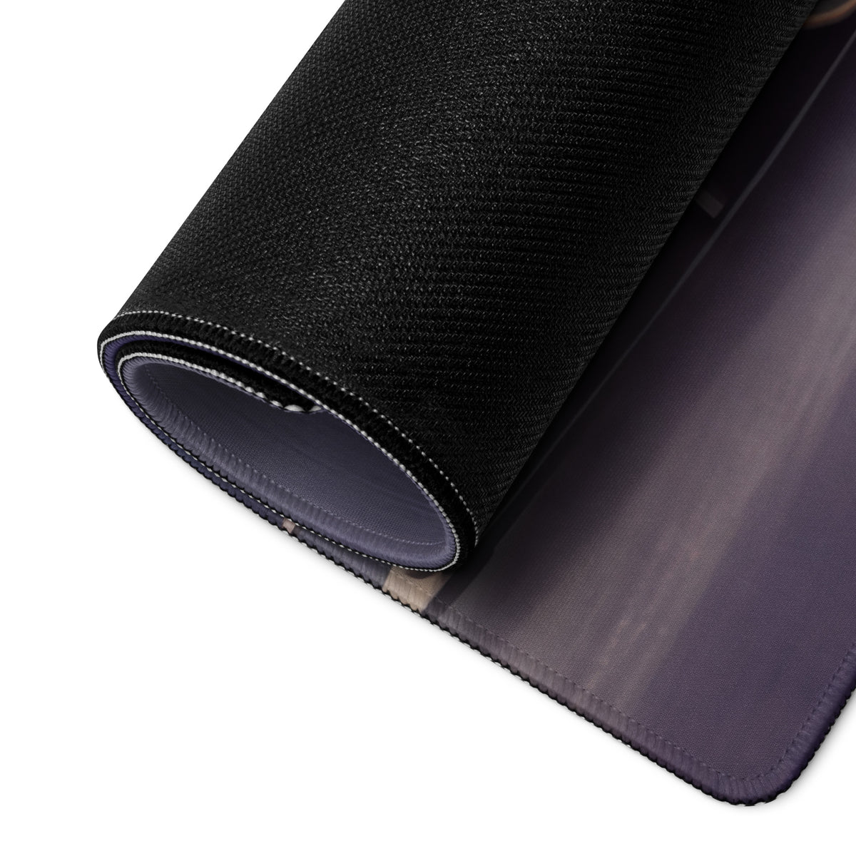 Hennessey Venom F5 inspired champagne edition desk mat black textured low friction cloth mousepad with purple gradient and stitched edges