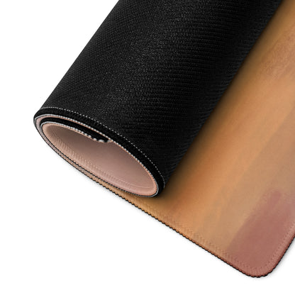 Black textured gaming mousepad with tan stitched edges and underside inspired by mclaren senna papaya sunset