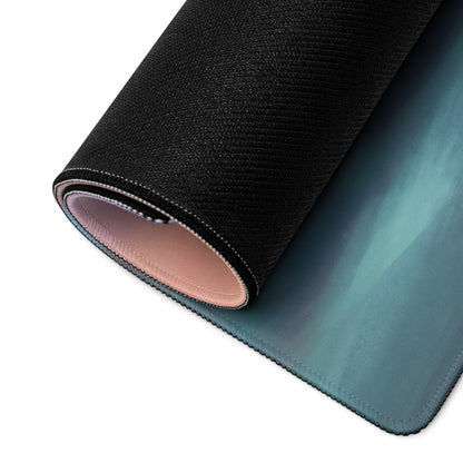 Black textured Pagani Zonda inspired Rosso Sunset desk pad with gradient teal to blue surface and pink inner lining non-slip mouse mat
