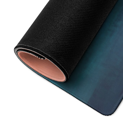 Black textured outer layer with soft pink lining rolled to show gradient teal to blue underside of Lamborghini Revuelto inspired giallo electra desk pad