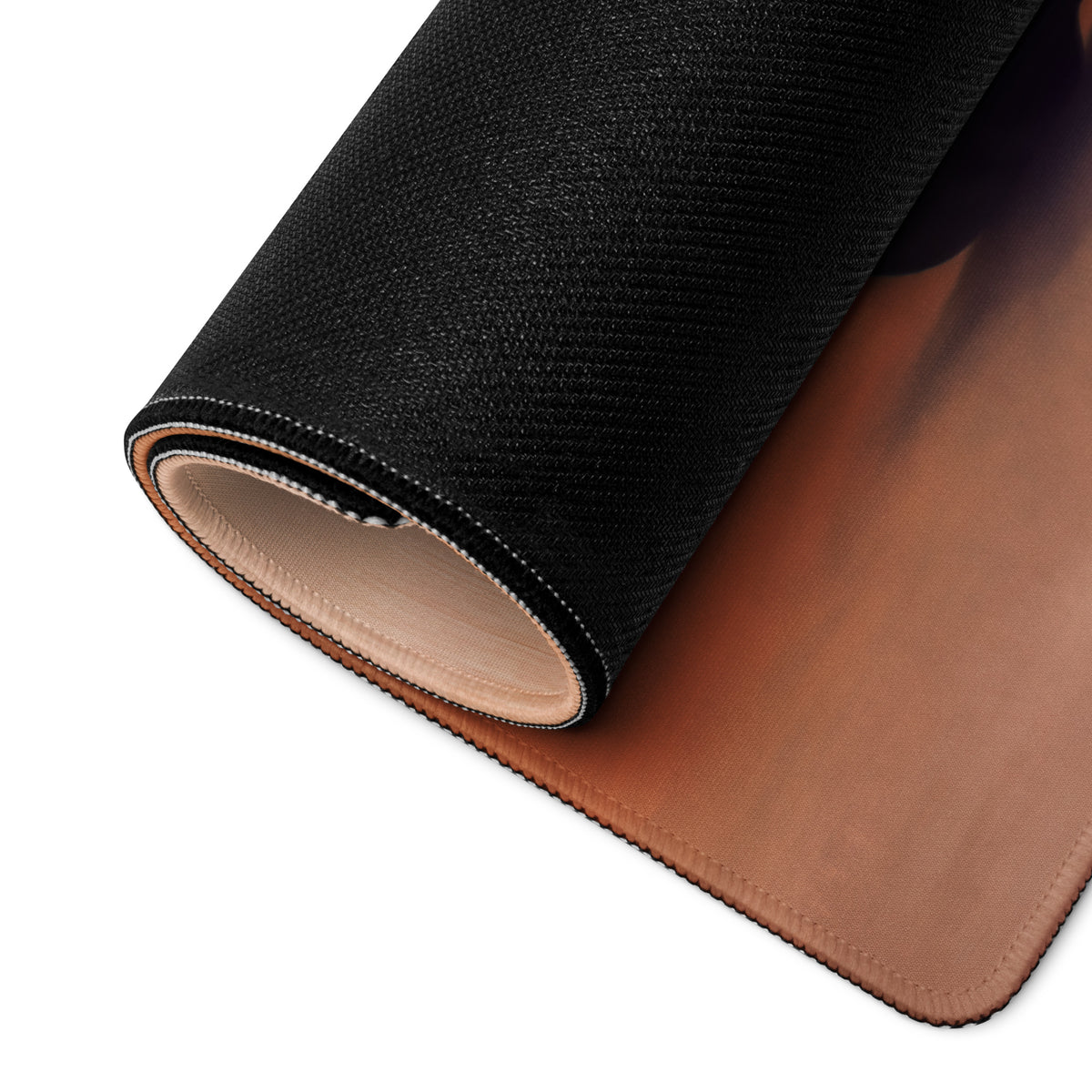 Dodge Viper ACR inspired GTS Blue Stripe desk pad rolled showing black textured exterior and tan leather interior