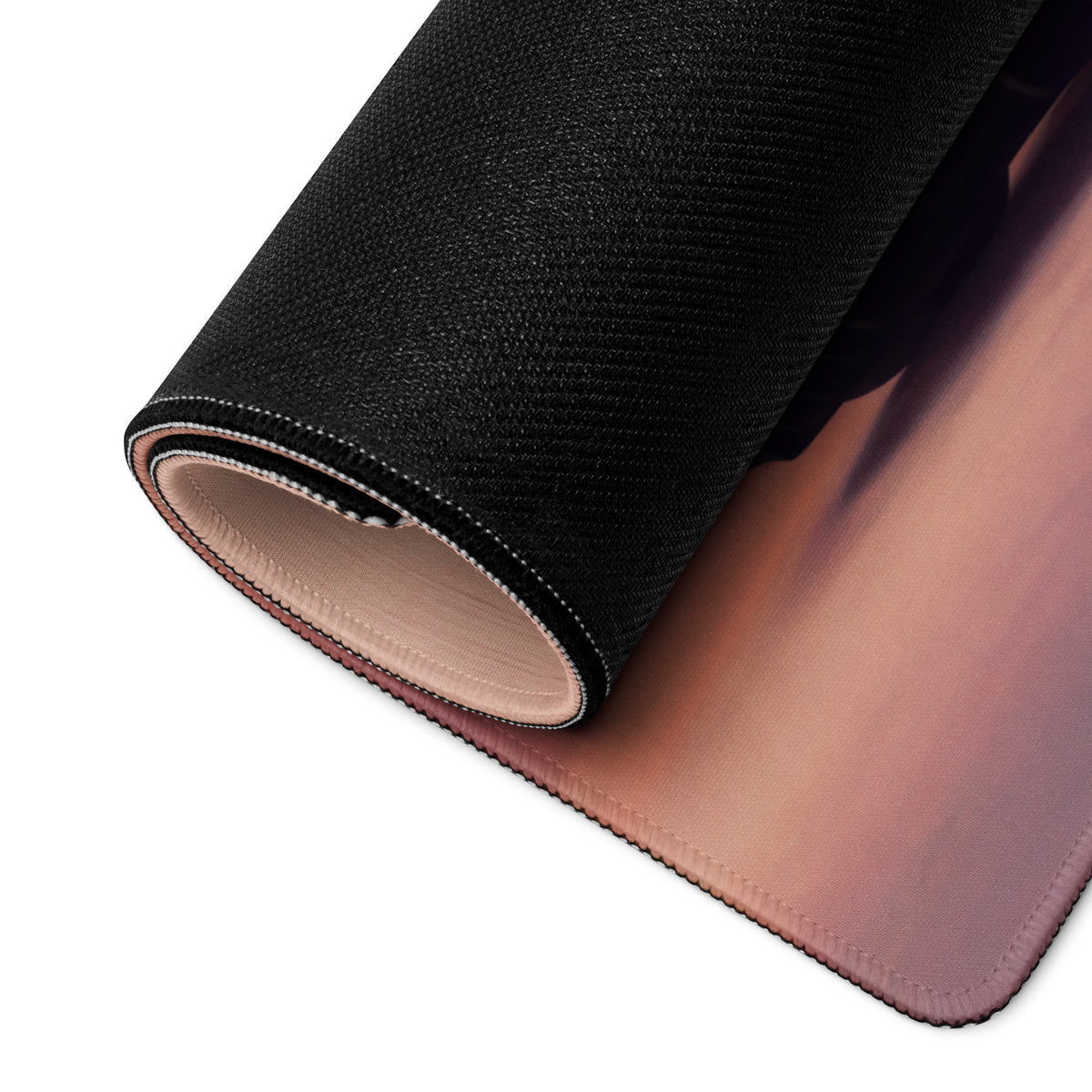 Ferrari SF90 XX inspired Azure Apex desk mat mousepad with black and rose gold gradient textured fabric and stitched edges