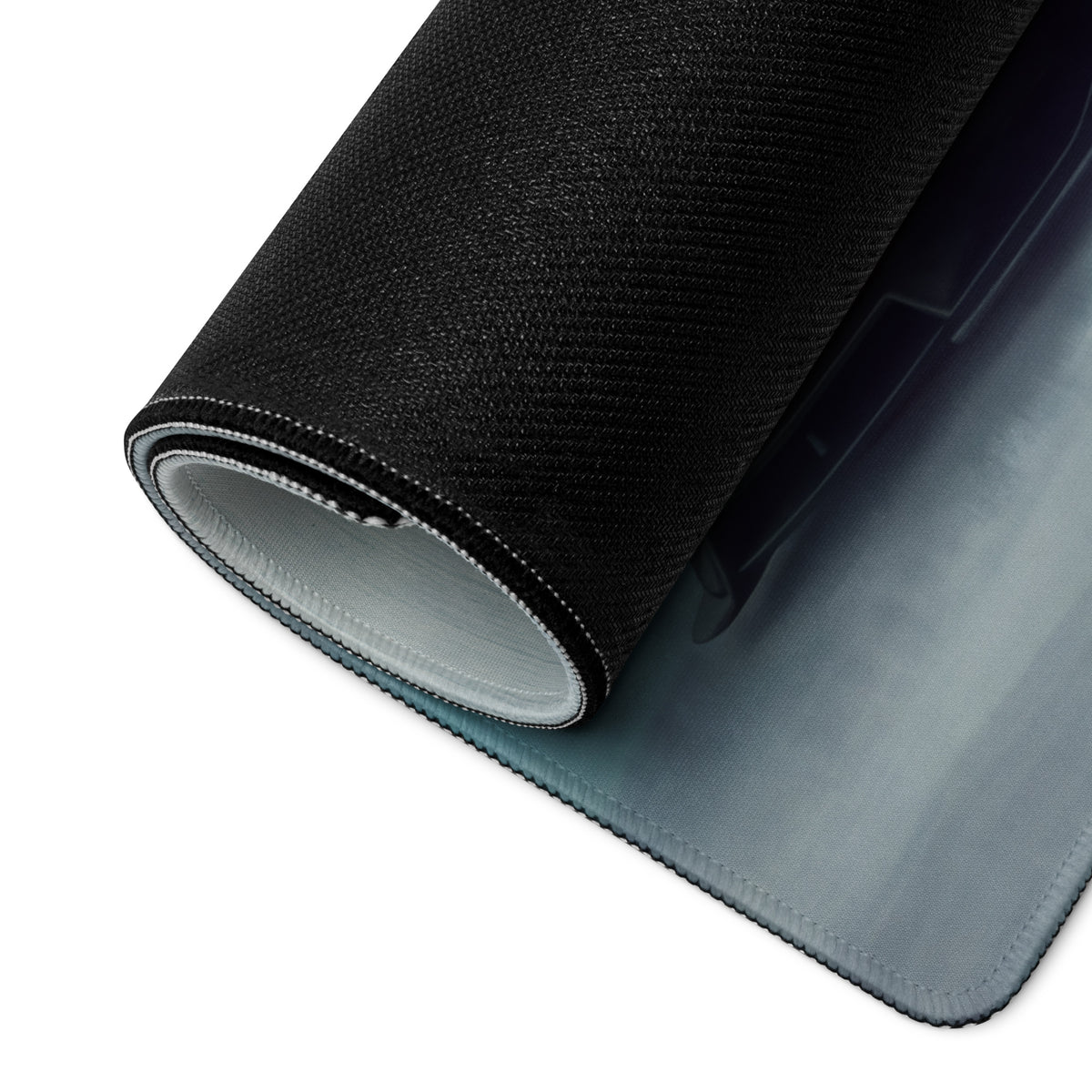 Black textured fabric mousepad with gray inner lining and stitched edges lamborghini aventador inspired desk pad