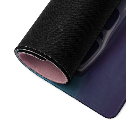Black textured gaming mousepad with stitched edges and gradient purple teal underside showing back side