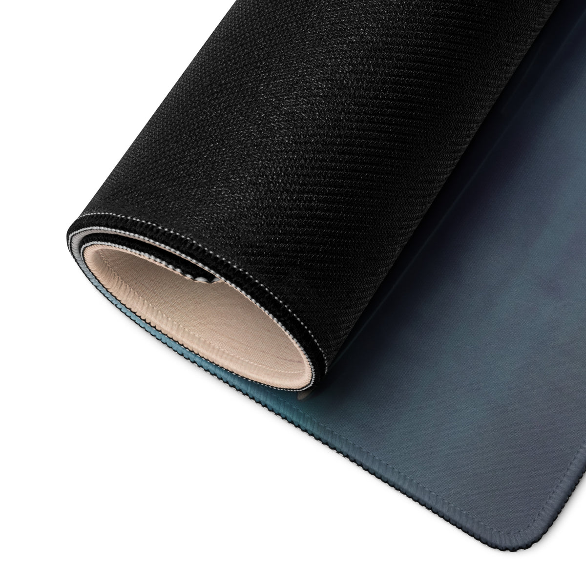 Black textured gaming mousepad with teal underside and beige inner lining mclaren p1 inspired volcano horizon desk pad