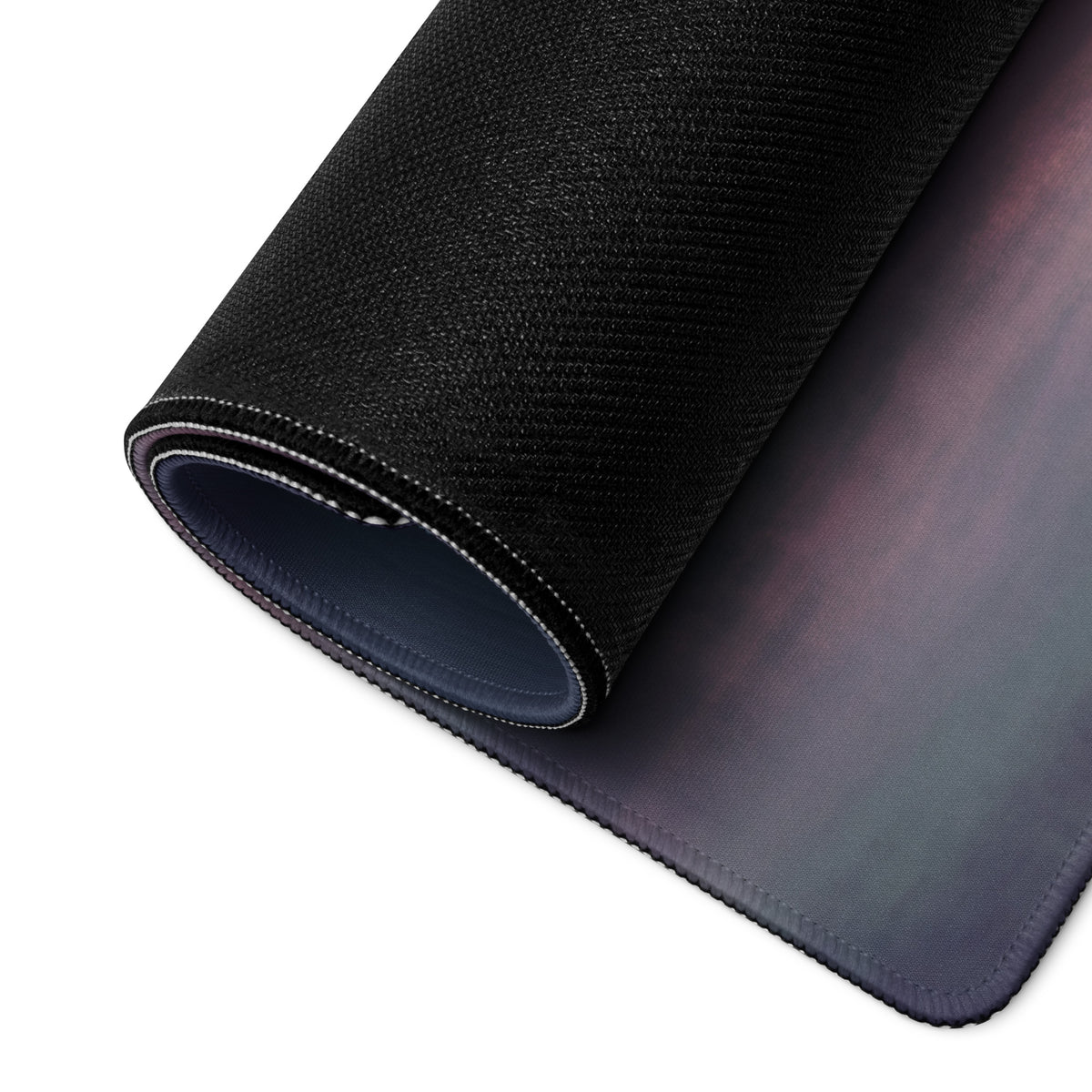 Black textured Mercedes AMG GT inspired silver track desk pad with gradient purple gray surface and stitched white edge