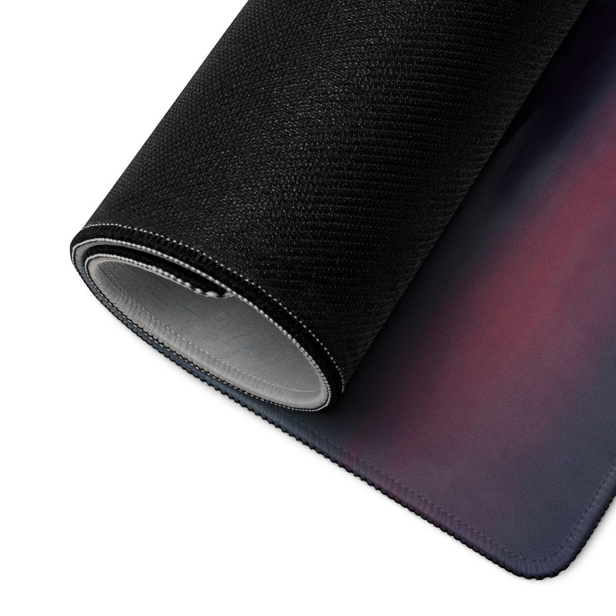 Black textured porsche 911 gt3 inspired speed yellow desk mat with gradient purple red surface rolled to show stitched edge