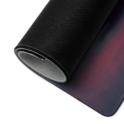Black textured porsche 911 gt3 inspired speed yellow desk mat with gradient purple red surface rolled to show stitched edge