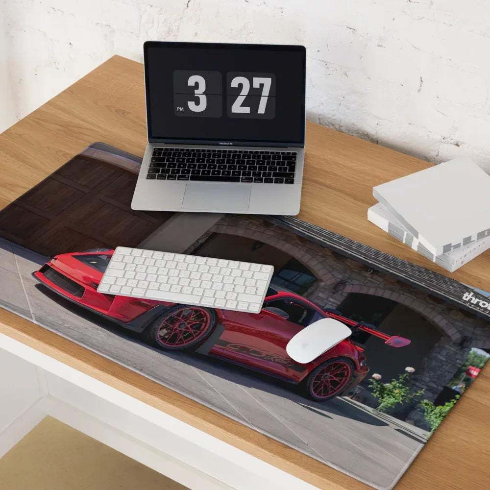 Red porsche 911 gt3 rs sports car graphic printed on large rectangular gaming mouse pad for extended use