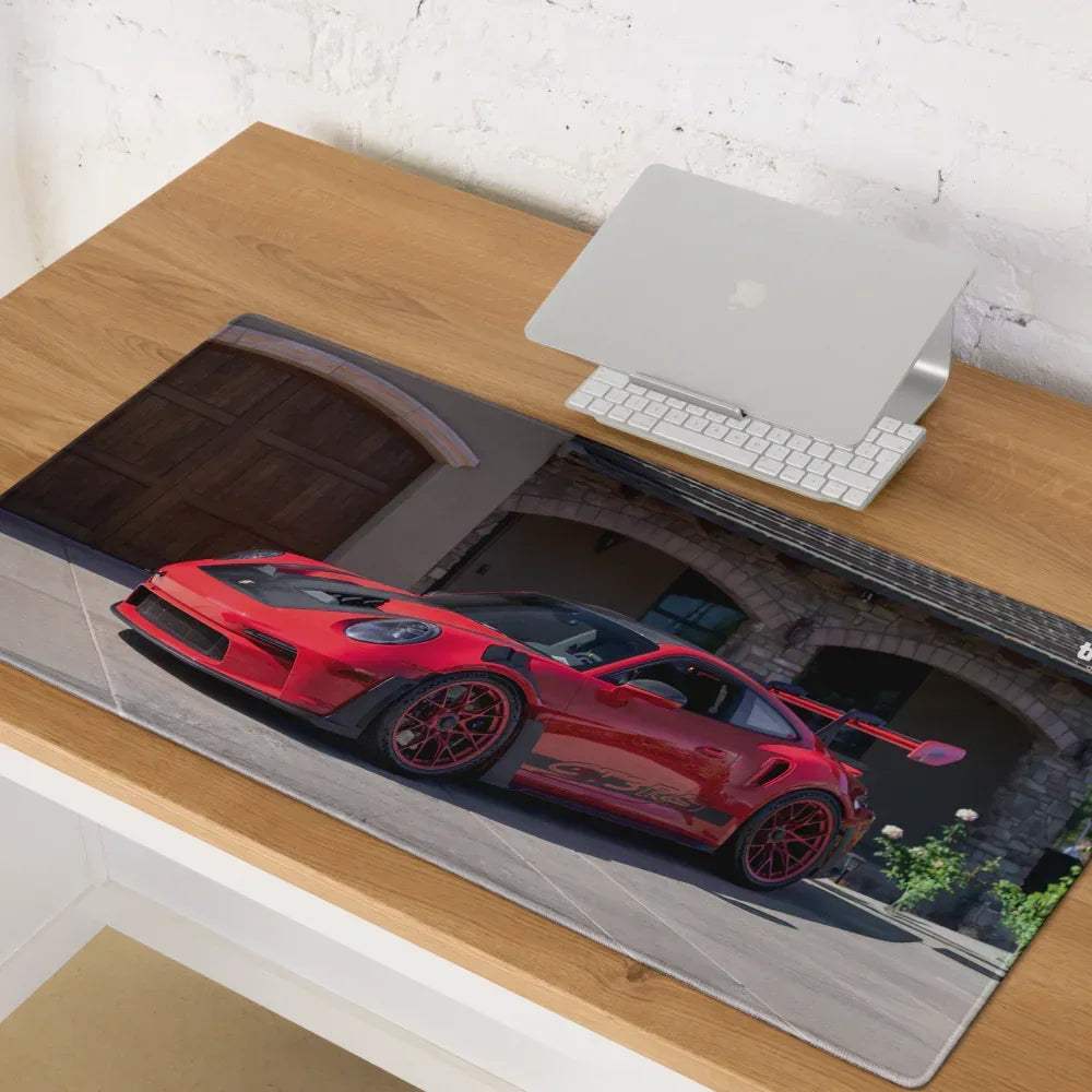 Red porsche 911 gt3 rs graphic printed on a large rectangular gaming mousepad for extended desk use