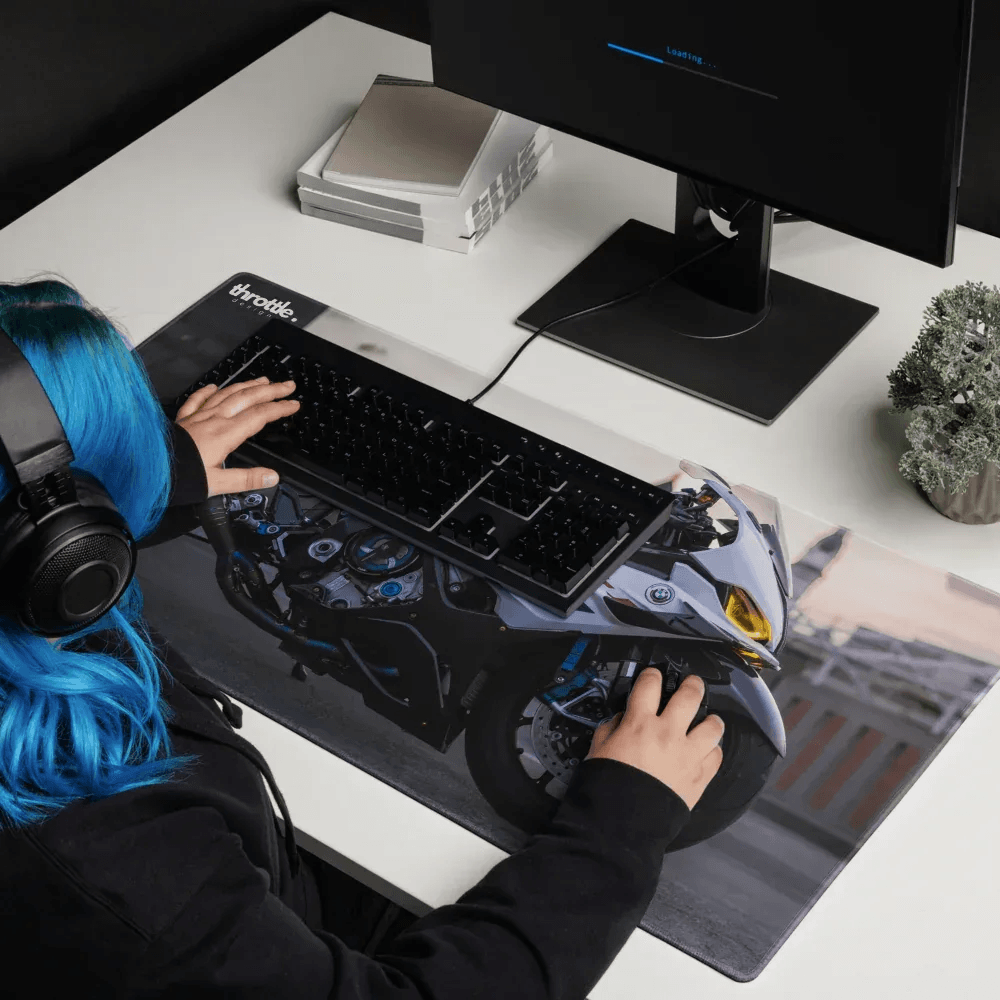 Black and silver BMW inspired S1000RR gaming mouse pad with detailed motorcycle graphic for large and XL sizes