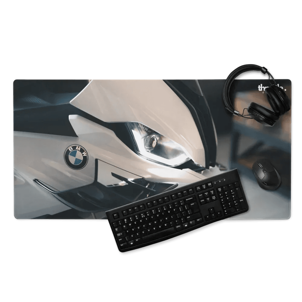 White bmw s1000rr gaming mousepad with sleek black accents and glossy finish in large and xl extended sizes