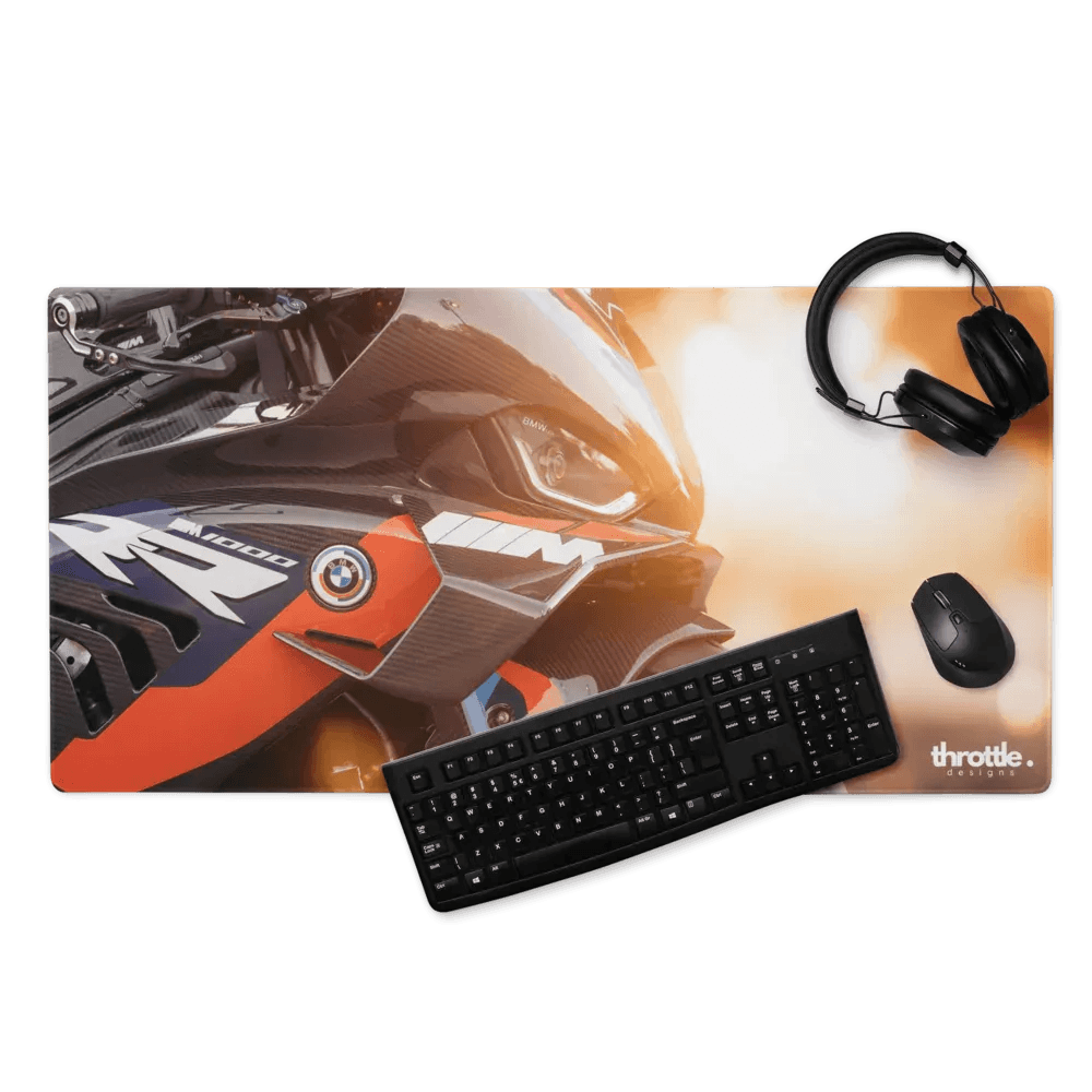 Orange and black BMW inspired M1000RR gaming mouse pad with glossy finish designed for large and XL use