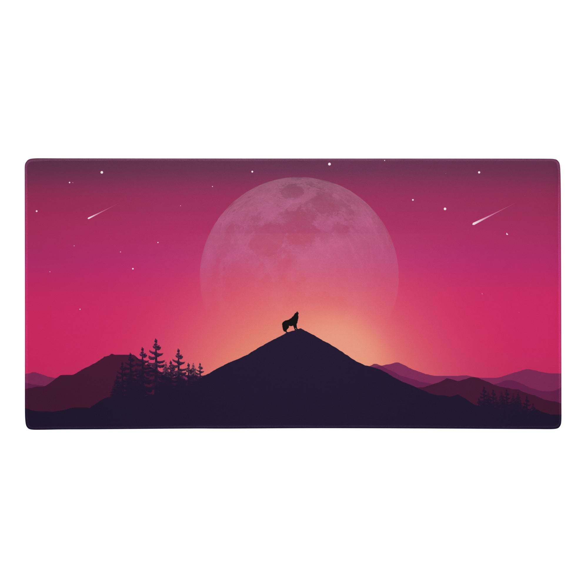 Lunar wolf sunset extended mouse pad with a purple pink wolf moon landscape and non slip stitched edges