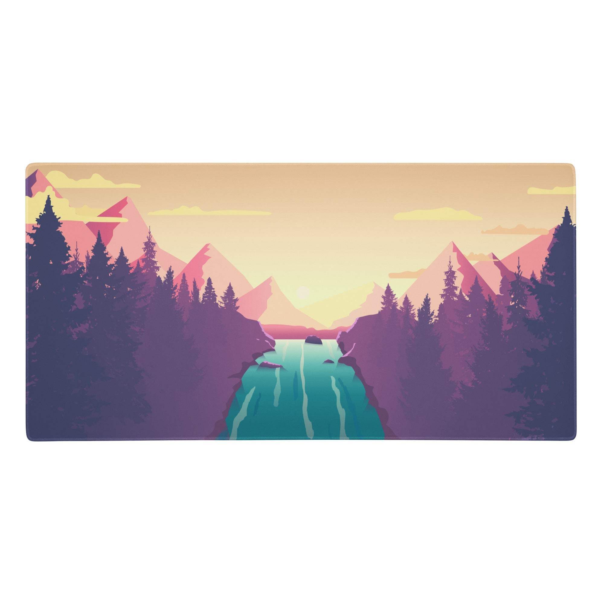 Pastel sunset mountain desk pad with purple and pink peaks teal waterways and evergreen trees under orange sky