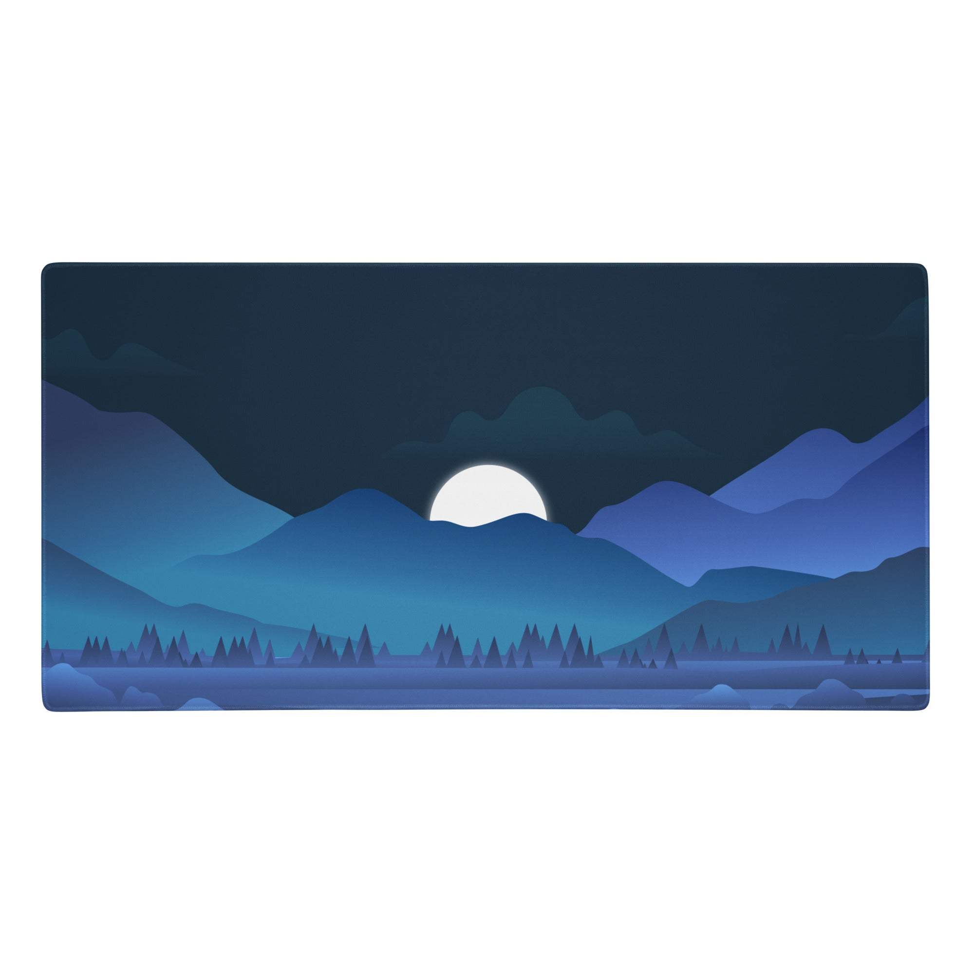 Blue night mountain landscape gaming mouse pad with glowing white moon over layered peaks and pine trees under dark sky