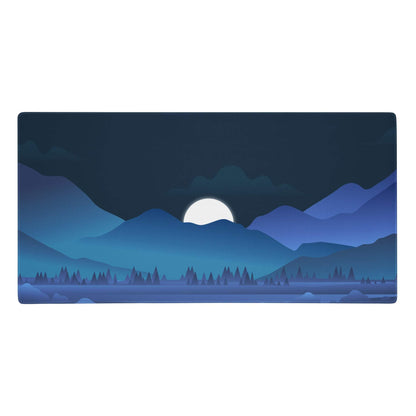 Blue night mountain landscape gaming mouse pad with glowing white moon over layered peaks and pine trees under dark sky