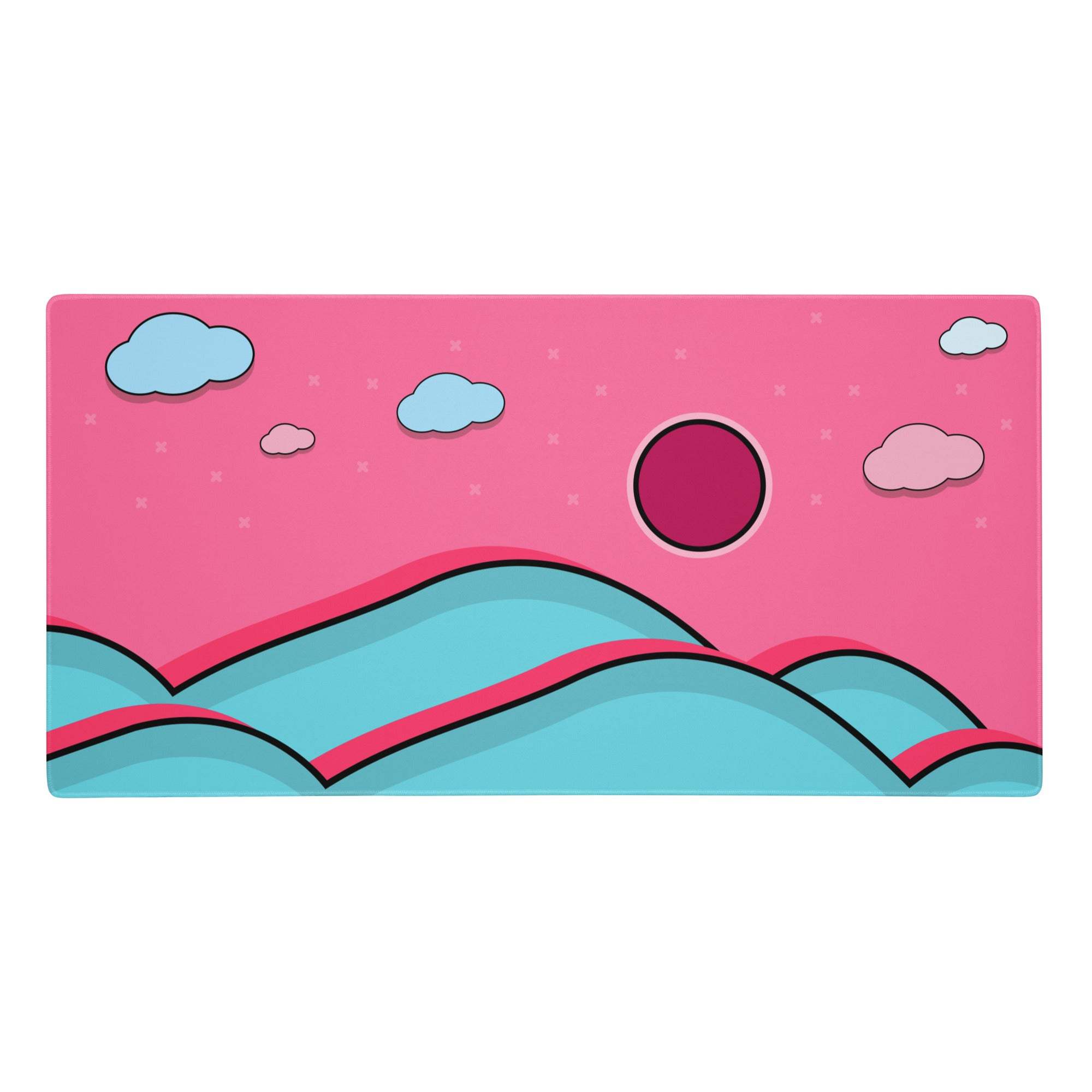 Pink and teal cartoon landscape pink cloud rainbow mouse pad with magenta sun light blue clouds and starry sky design