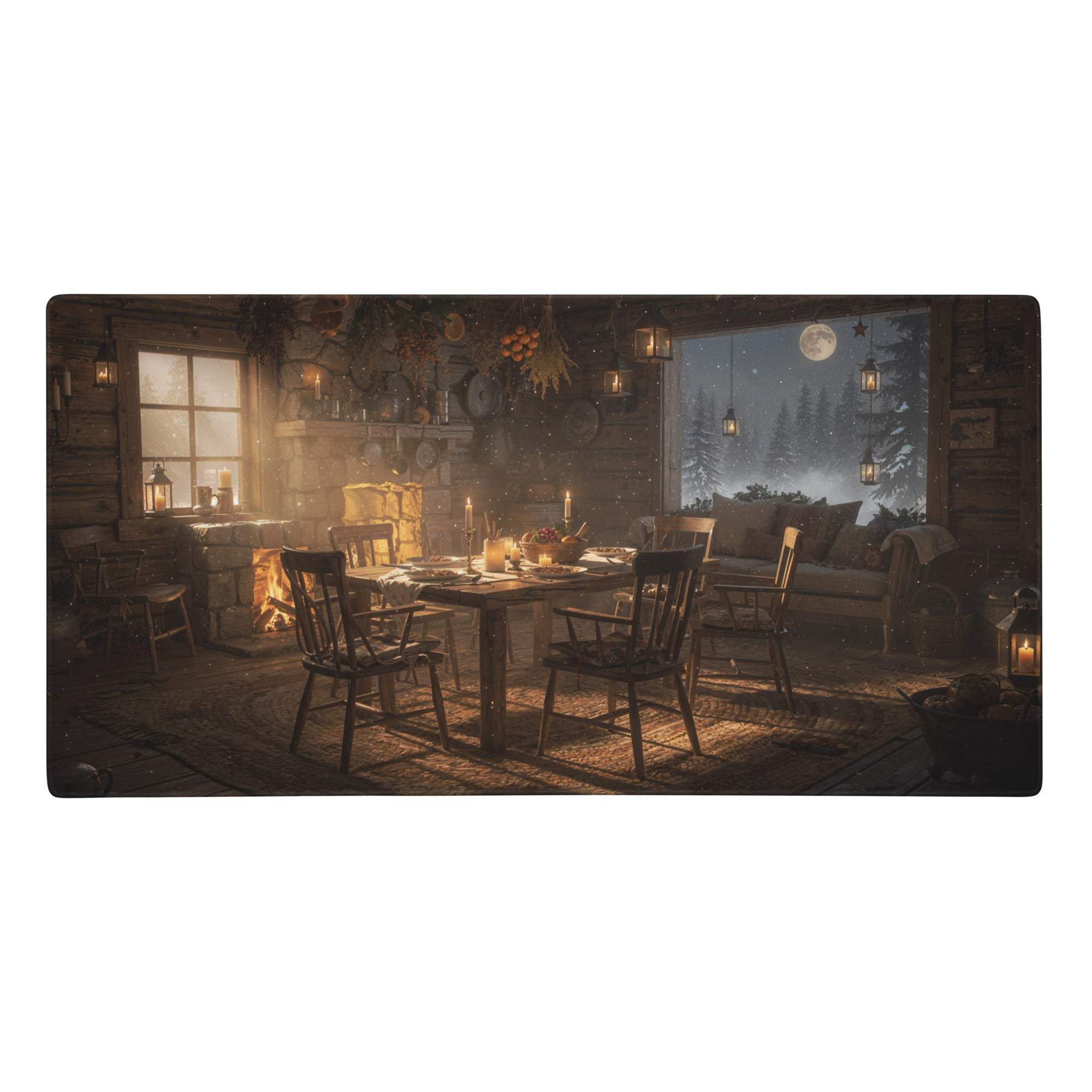 Cozy rustic dining room scene on winter rustic gaming mouse pad in warm brown for a cozy rustic desk mood