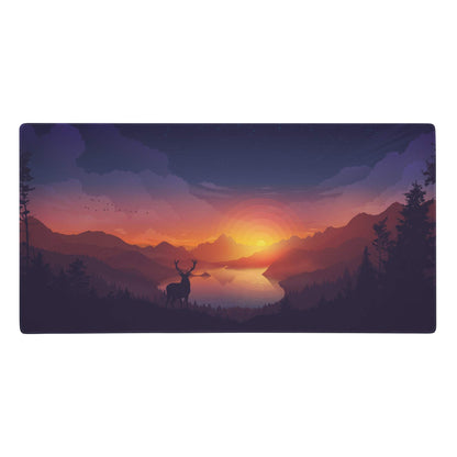 Purple mountain gaming mouse pad with serene sunset landscape of layered mountains lake and silhouetted trees digital print