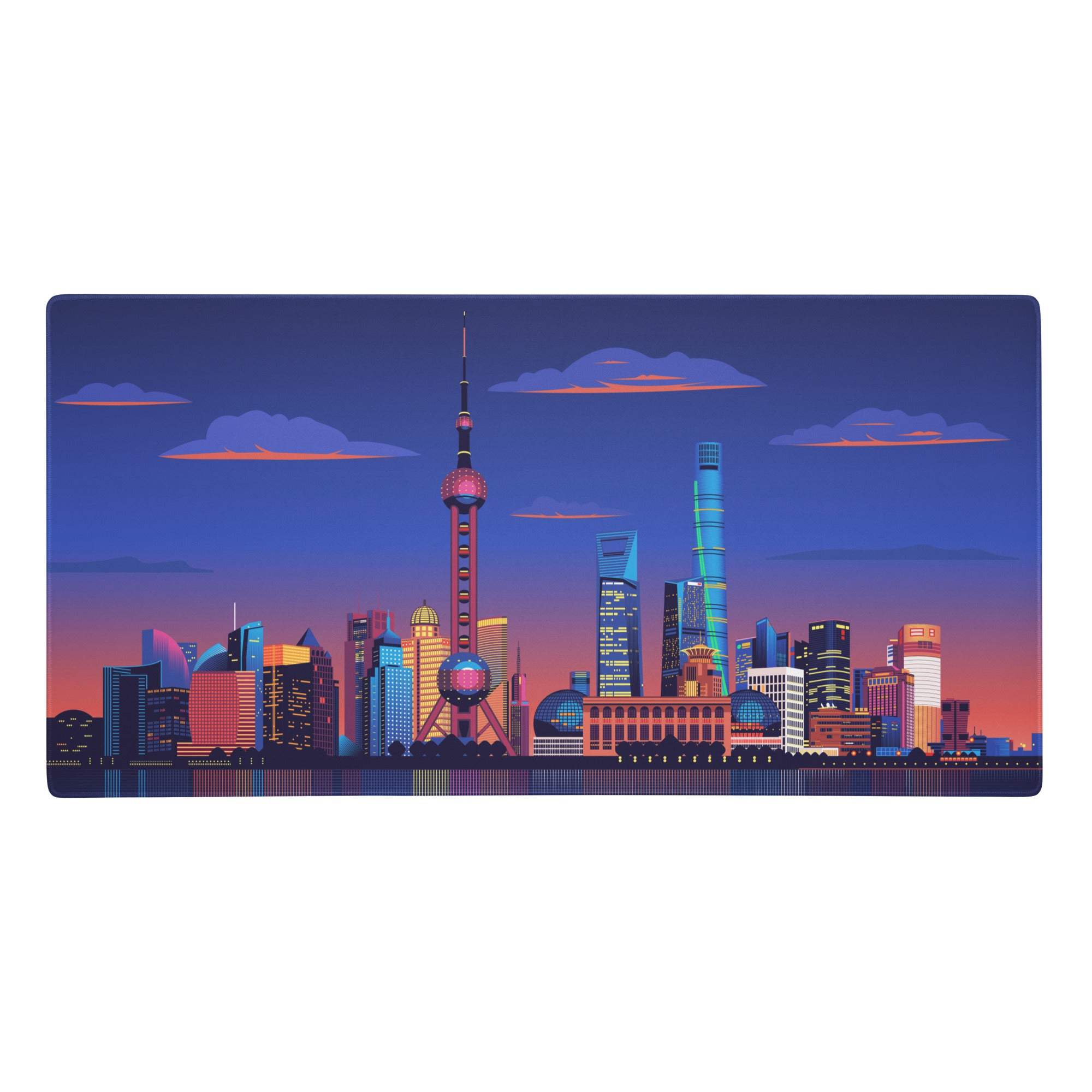 Midnight city skyline mouse pad with vibrant neon purple shanghai skyline illustration for gaming and desk use