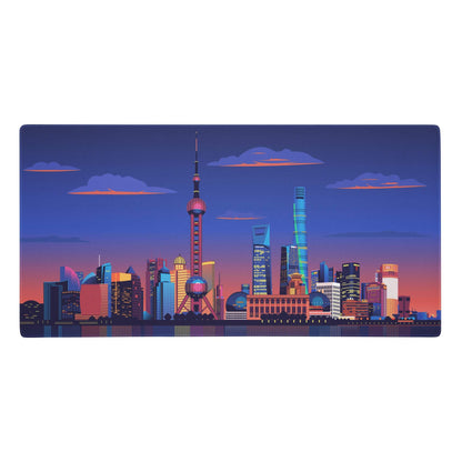 Midnight city skyline mouse pad with vibrant neon purple shanghai skyline illustration for gaming and desk use