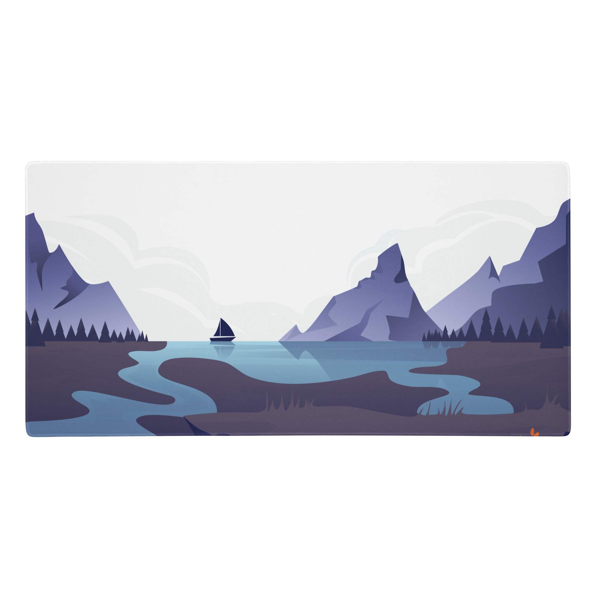 Mountain vista blue desk pad featuring a purple mountain landscape with a serene lake and sailboat illustration