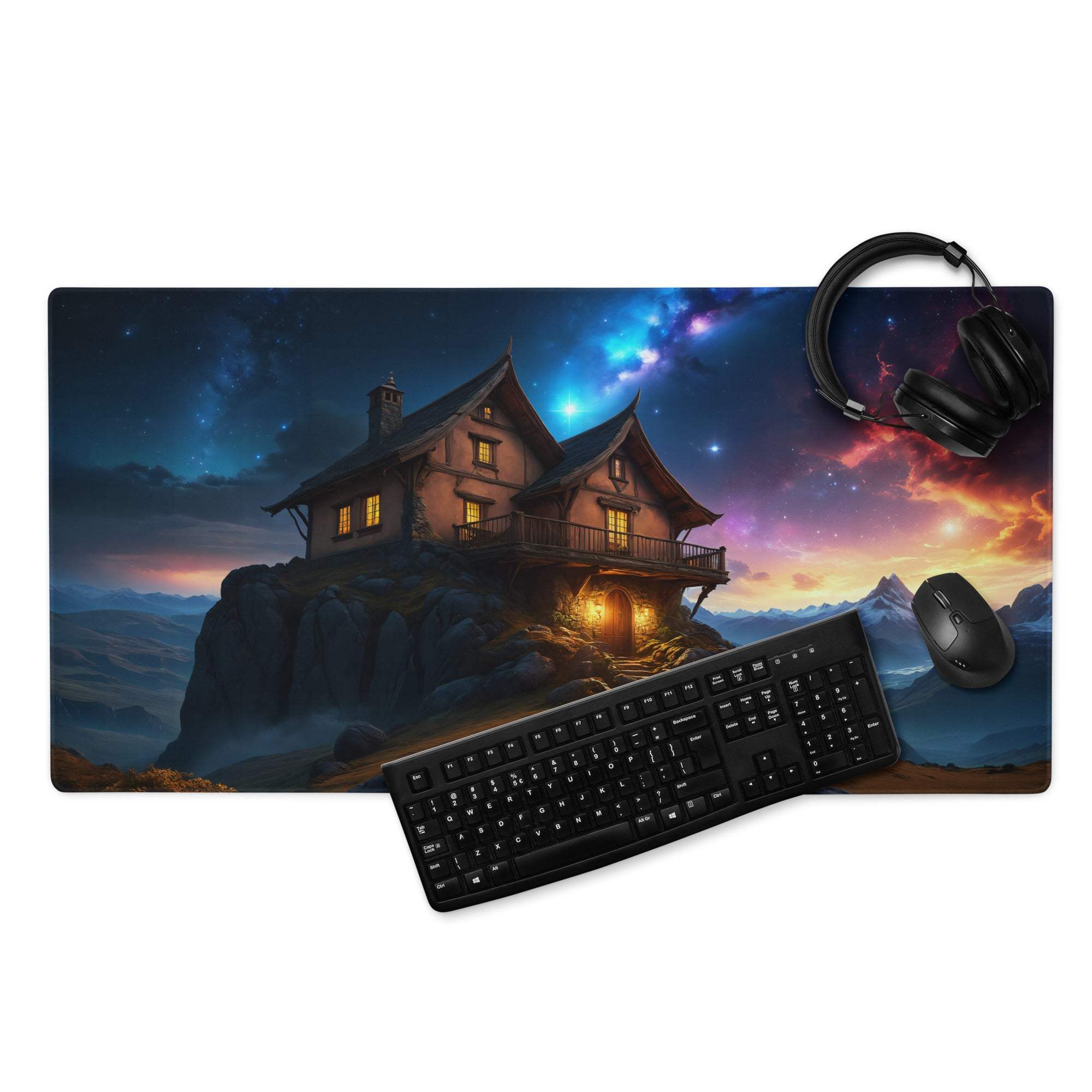 Epic fantasy gaming mousepad with cozy cliff house and night sky nebulae