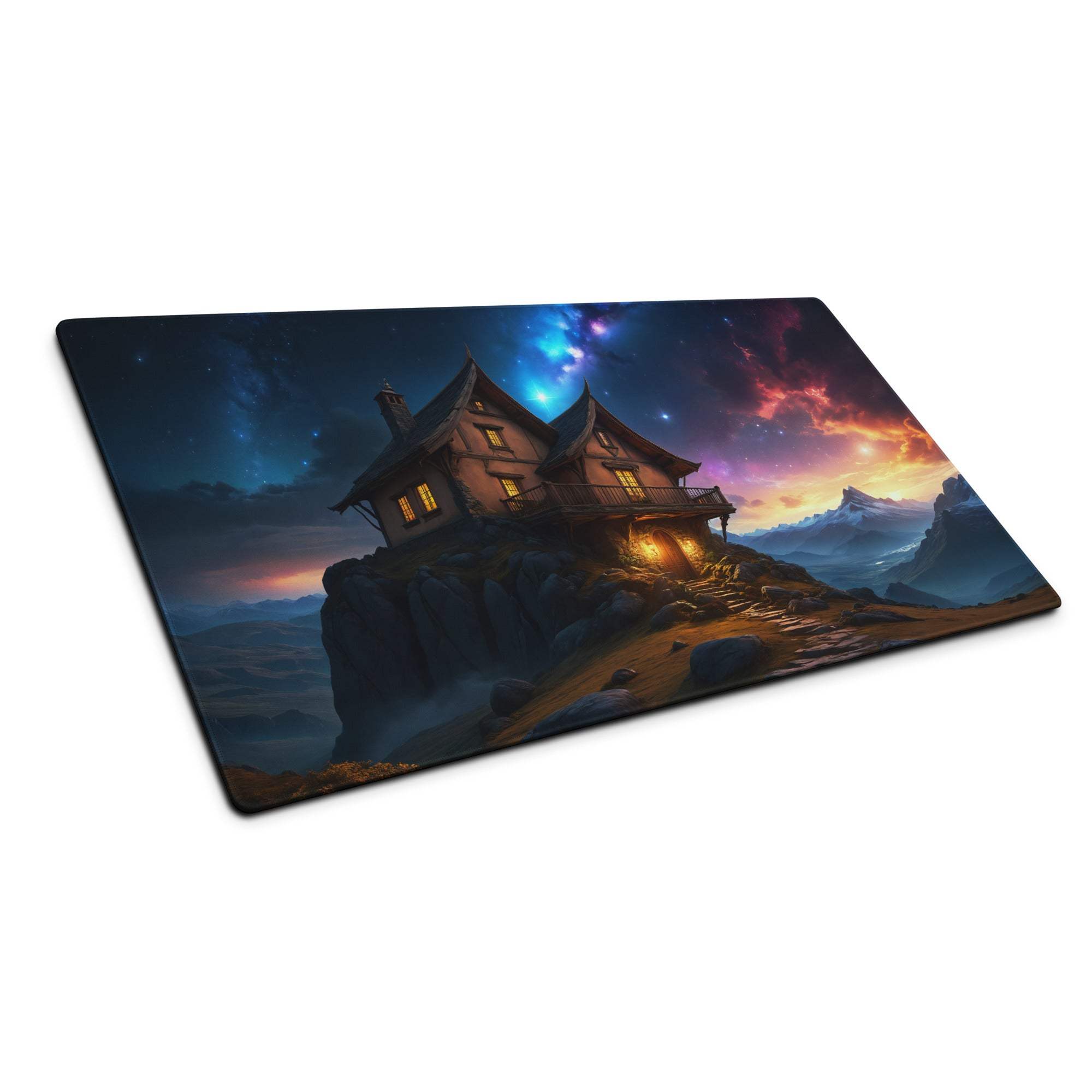Epic fantasy gaming mousepad with cozy cliff house and twilight nebulae sky