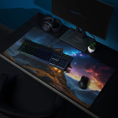 Epic fantasy gaming mouse pad with cosmic nebulae, twilight skies, cozy cliff house