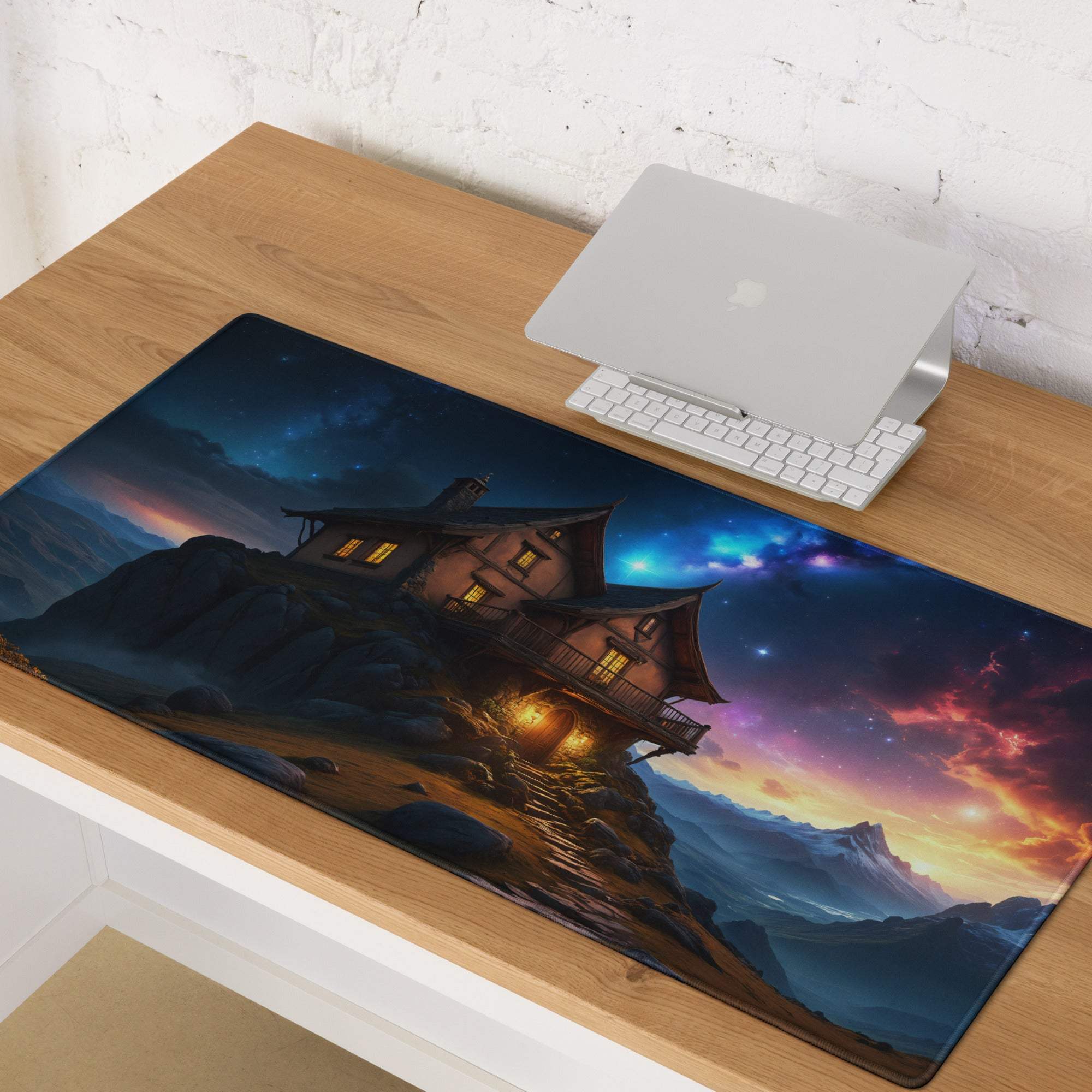 Epic fantasy gaming mousepad with cozy cliff house under cosmic night sky