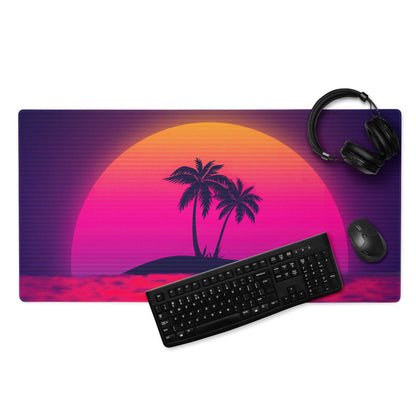 Vaporwave sunset gaming mouse pad with vibrant retro gradient, palms, non-slip backing