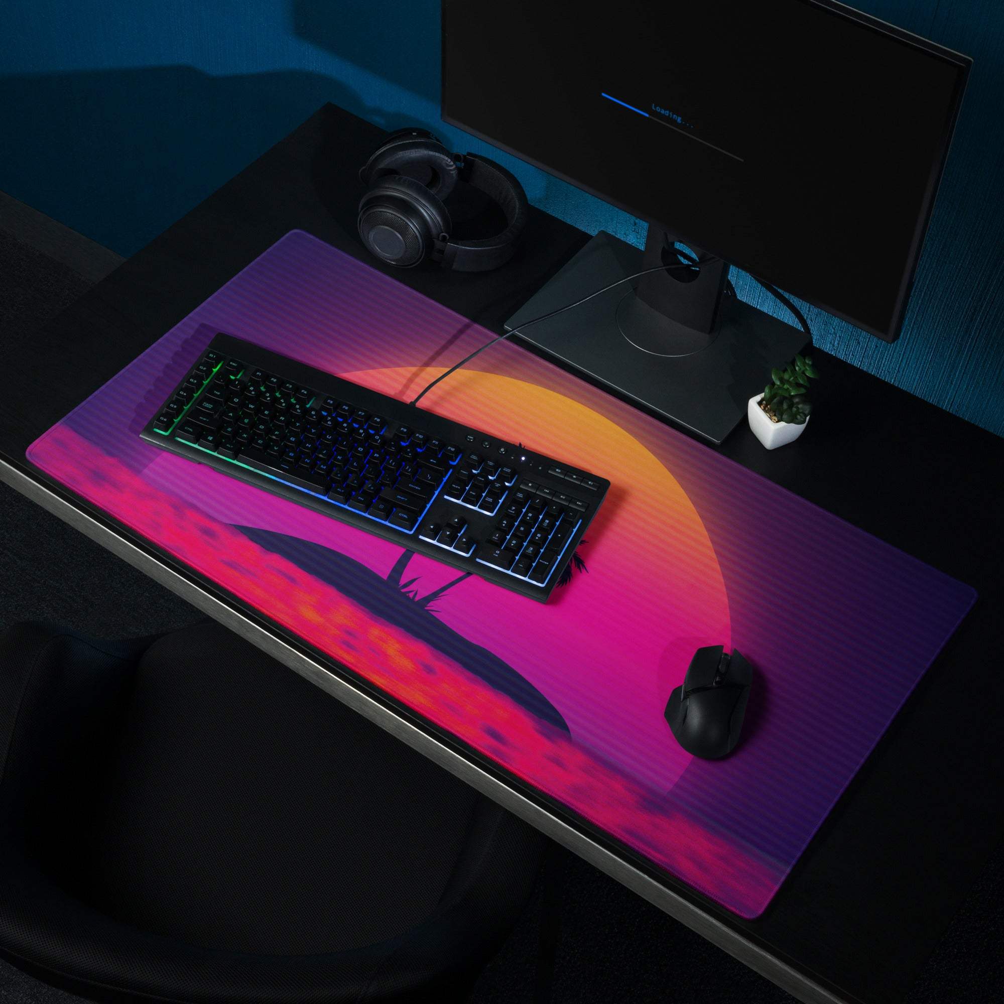 Vaporwave sunset gaming mouse pad with palm tree, large size, non-slip backing