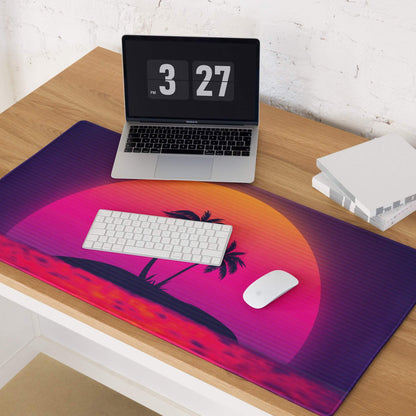 Vaporwave sunset gaming mouse pad with vibrant retro palm trees and non-slip backing