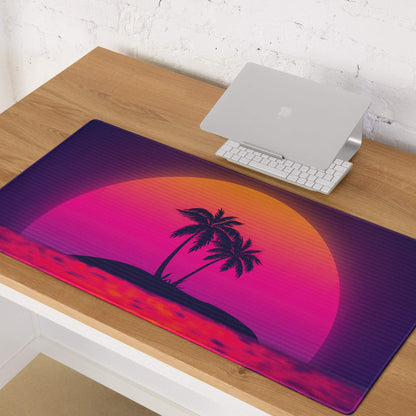 Vaporwave sunset gaming mouse pad with vibrant retro palm silhouettes