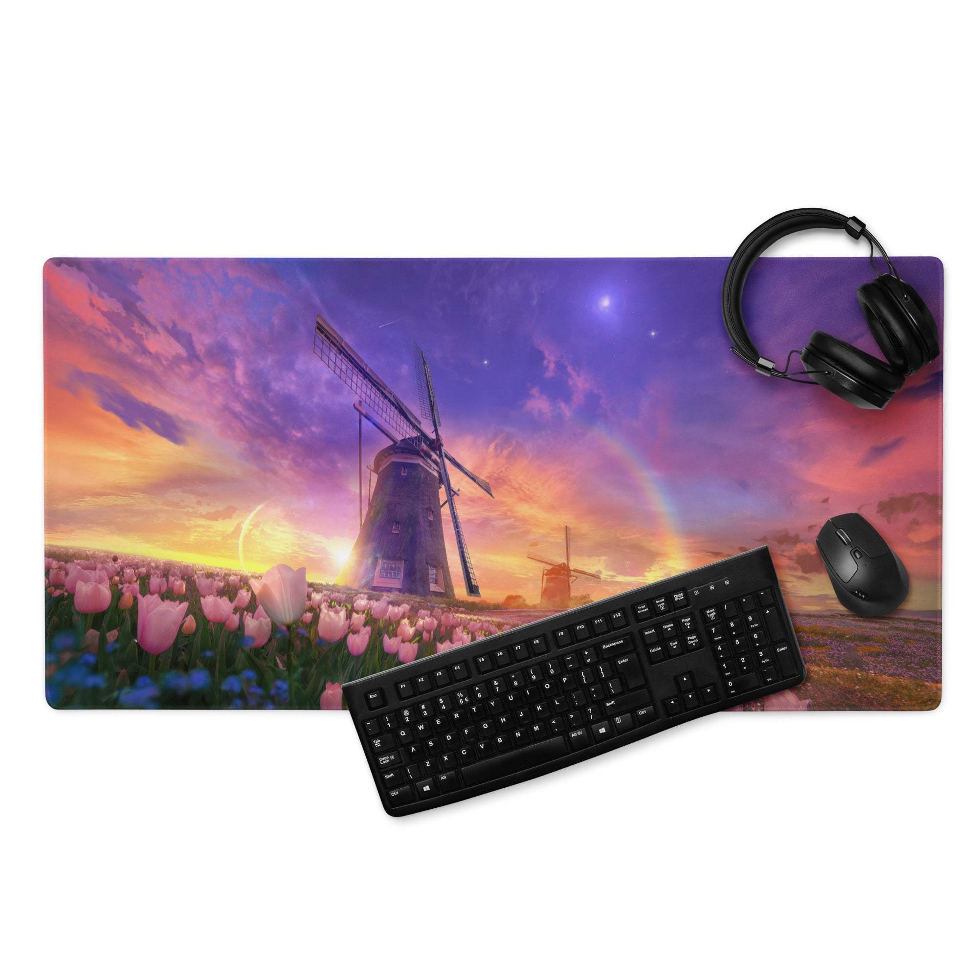 Dreamy sunset windmill field with pink tulips large gaming mouse pad