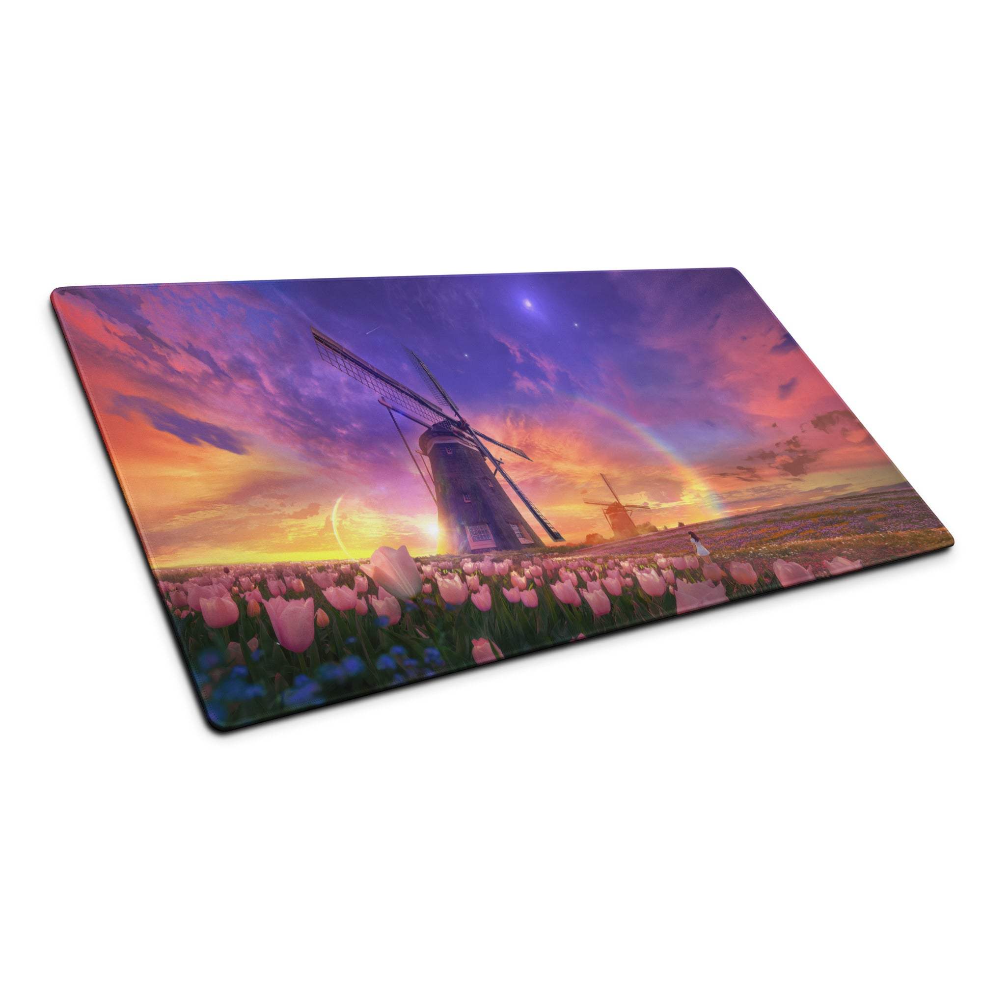Vibrant windmills and tulips on rectangular cutting board under twilight sky