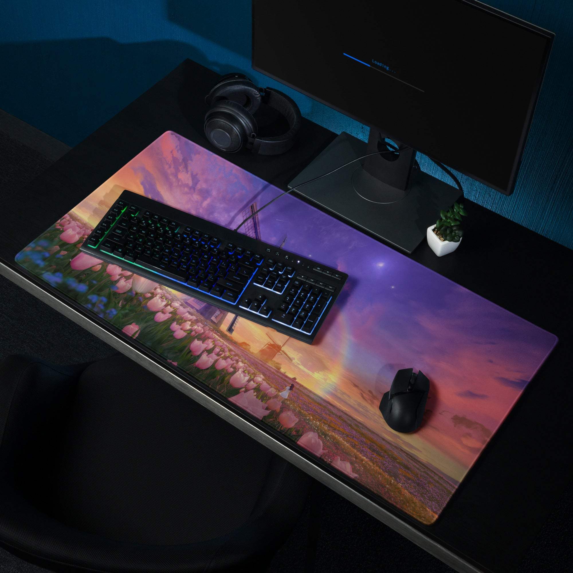 Dreamy sunset tulip windmill field stitched gaming mouse pad